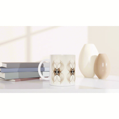 Product mockup: white mug with an abstract beige-brown pattern on a white shelf beside books and ceramic vases.