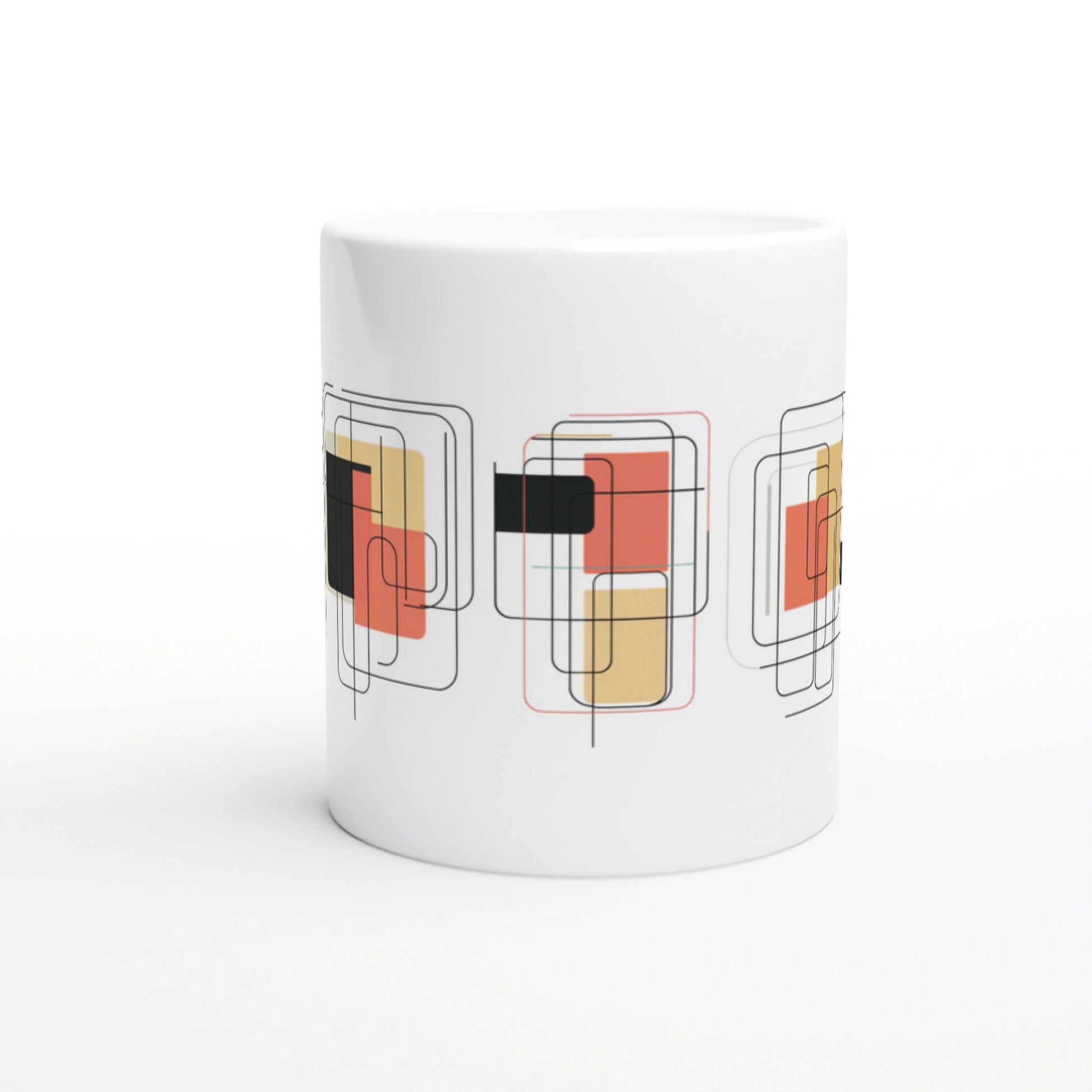 White ceramic mug with a modern abstract pattern of overlapping rounded rectangles in black, red, orange and yellow.