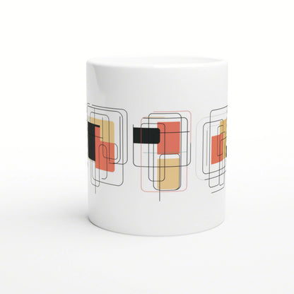 White ceramic mug with a modern abstract pattern of overlapping rounded rectangles in black, red, orange and yellow.