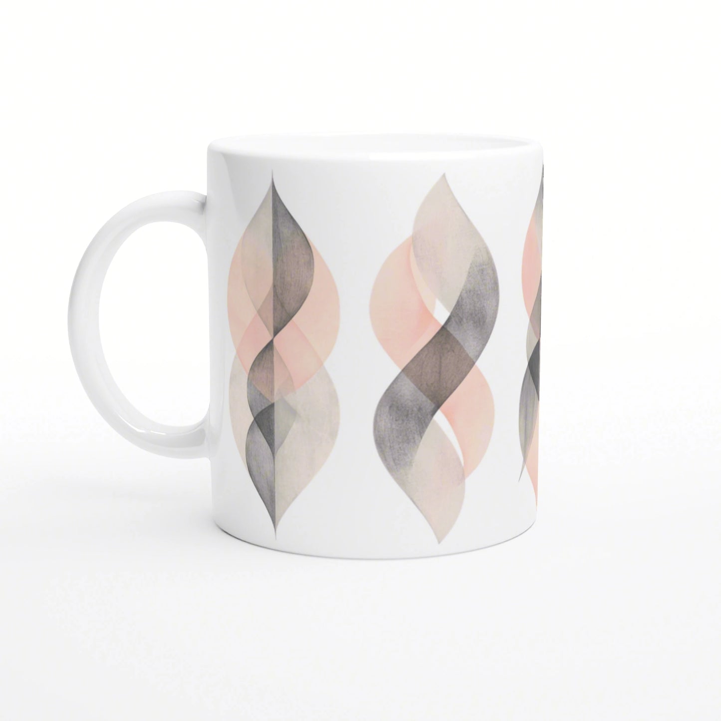 White ceramic mug mockup featuring an abstract pattern of overlapping peach, pink, and gray leaf shapes around the side.