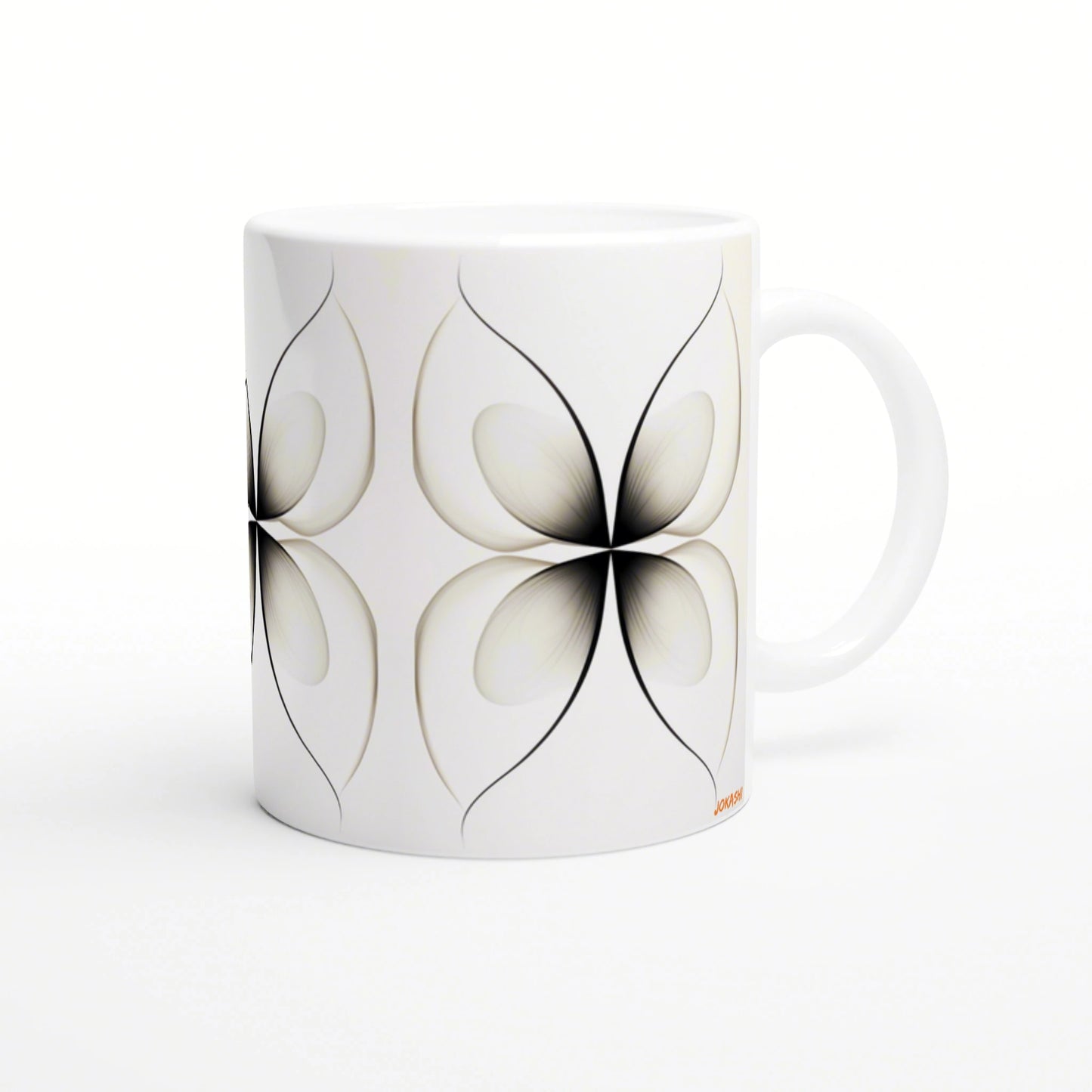White ceramic mug with a repeating black petal motif forming a four-petal flower pattern, shown as a product mockup.
