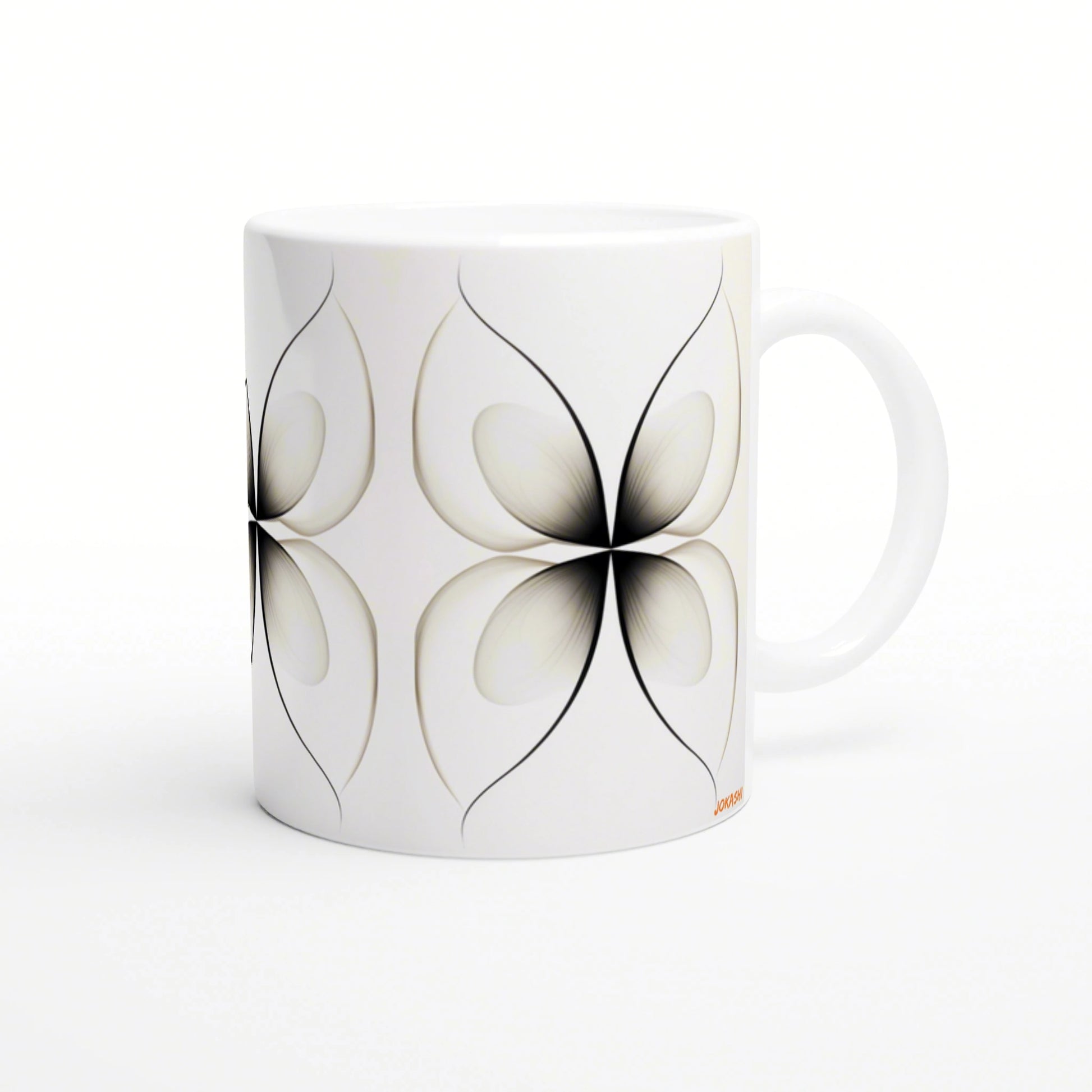 White ceramic mug with a repeating black petal motif forming a four-petal flower pattern, shown as a product mockup.