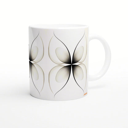 White ceramic mug with a repeating black petal motif forming a four-petal flower pattern, shown as a product mockup.