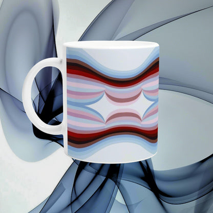 White mug with an abstract blue, red, and pink wave pattern; product mockup for cups.