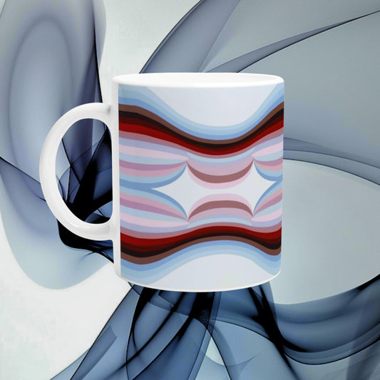White mug with an abstract blue, red, and pink wave pattern; product mockup for cups.