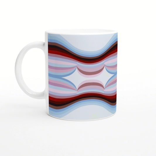 White mug with an abstract wavy pattern in blue, pink and red tones.