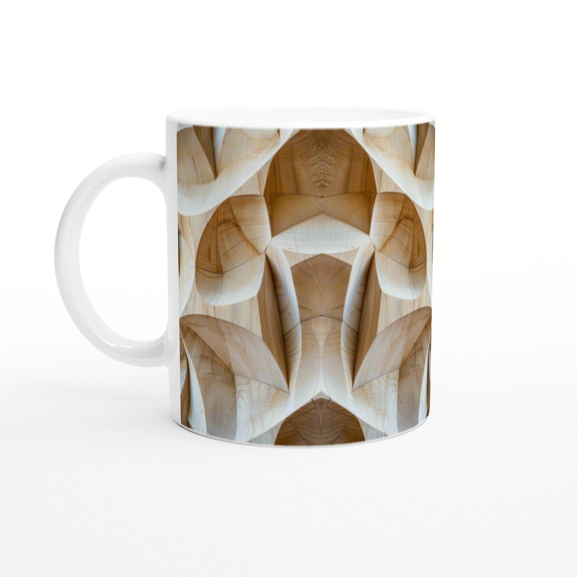 White ceramic mug featuring a full-wrap, abstract wood-grain pattern in warm beige and brown tones.
