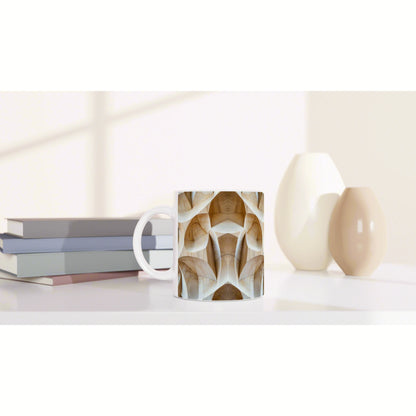 White mug with an abstract wood-pattern design sits on a white desk beside books and ceramic vases.