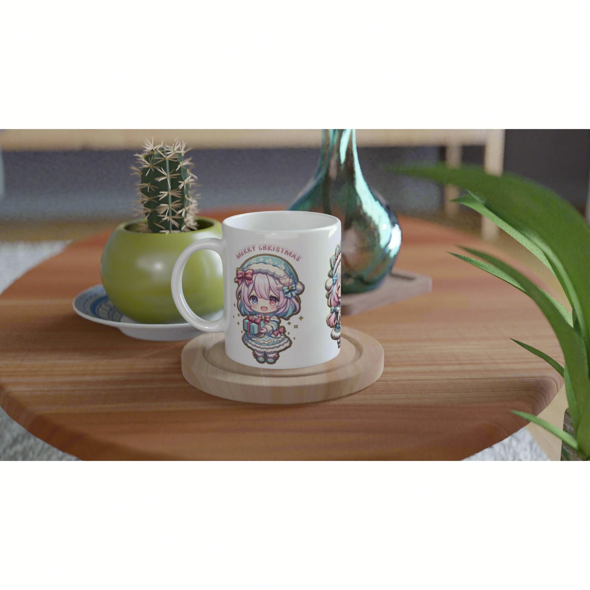 White mug with a cute anime Christmas girl illustration on a wooden coaster, on a table with a cactus and a green vase.