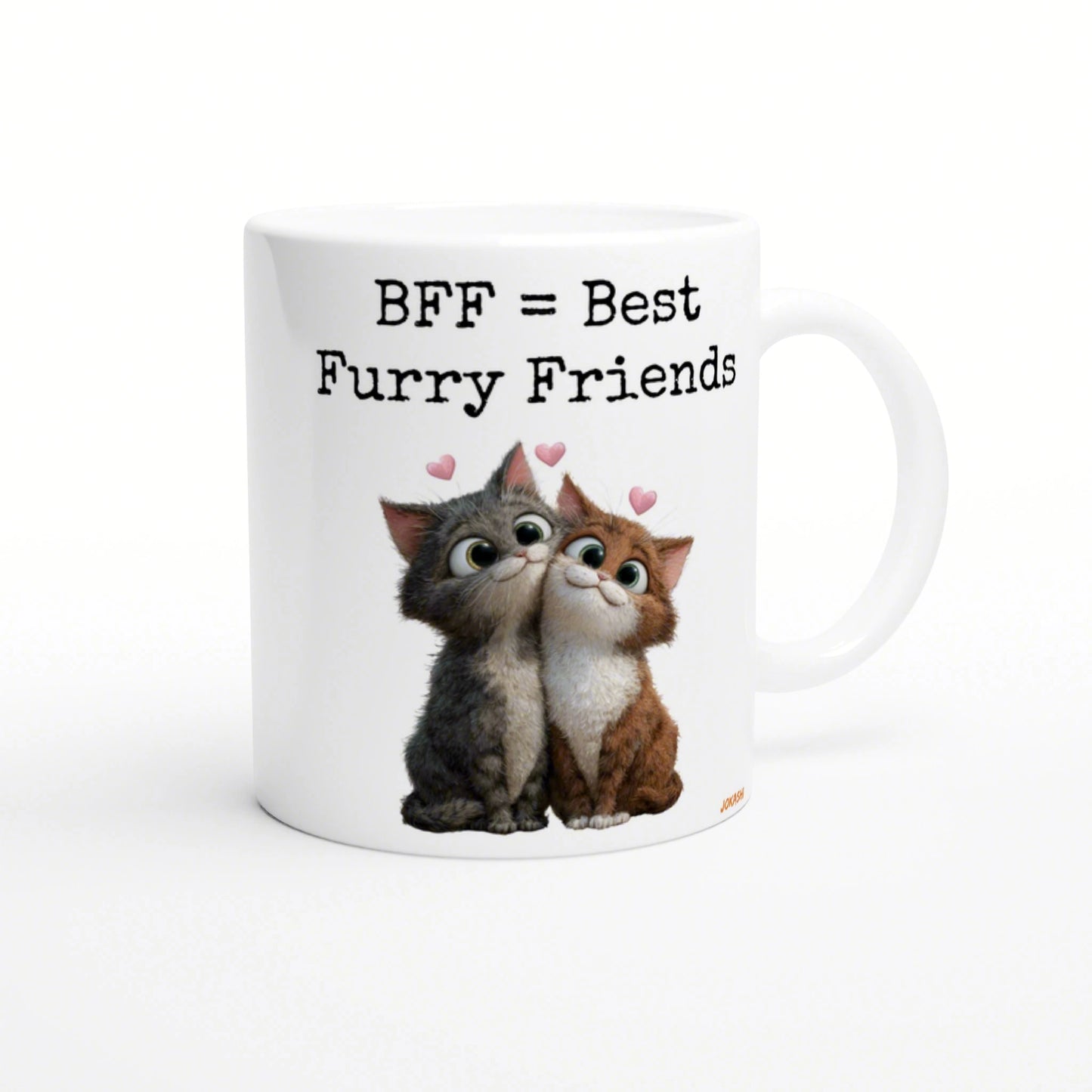 White ceramic mug featuring the text BFF = Best Furry Friends with two cuddling kittens and pink hearts.