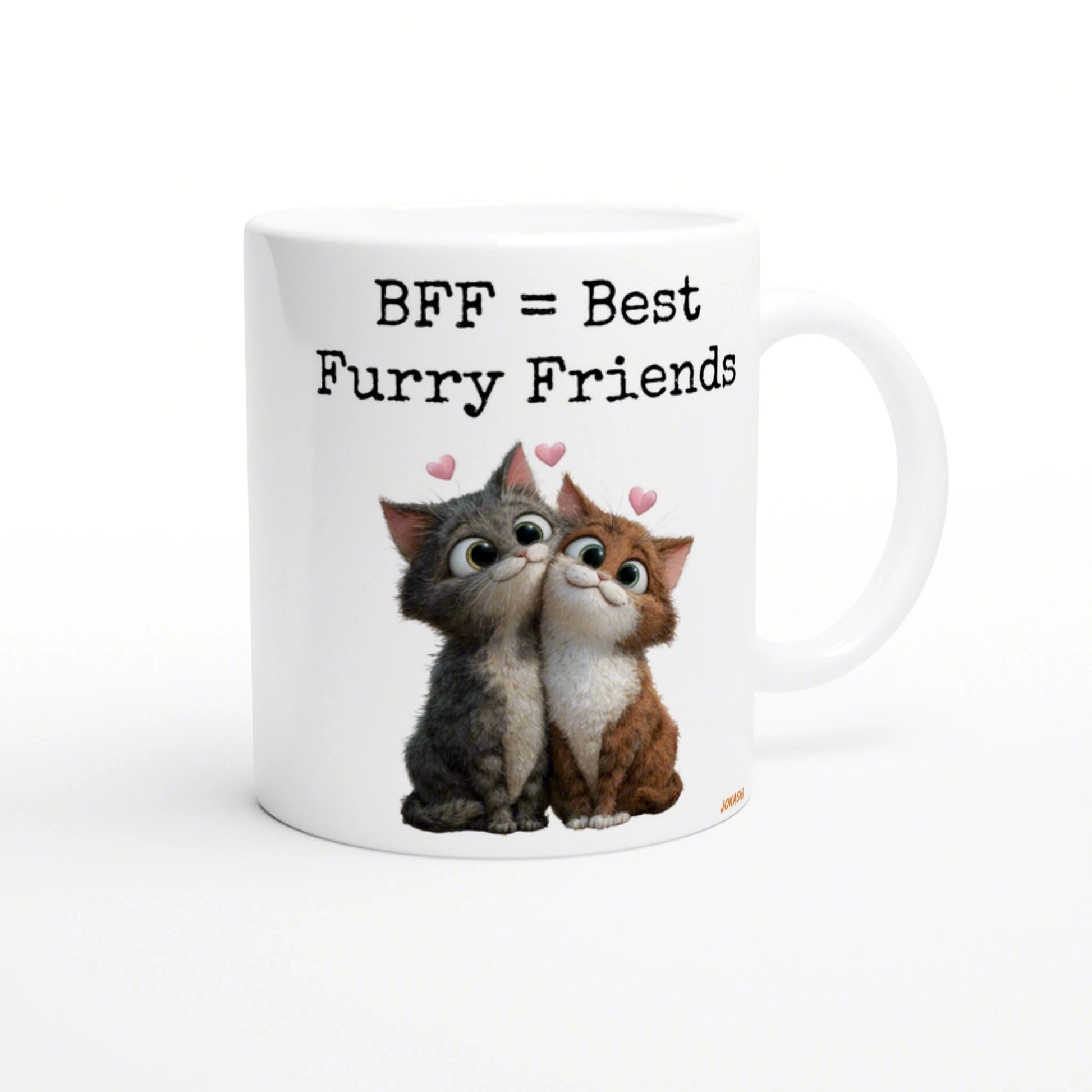 White ceramic mug featuring the text BFF = Best Furry Friends with two cuddling kittens and pink hearts.