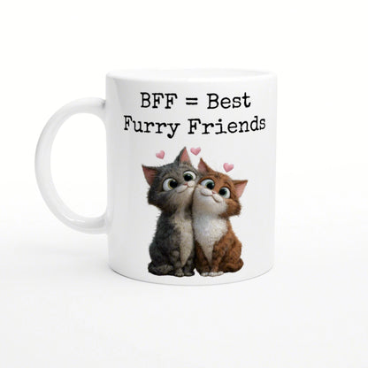 White mug mockup with two cuddling kittens, pink hearts, and the slogan BFF = Best Furry Friends.