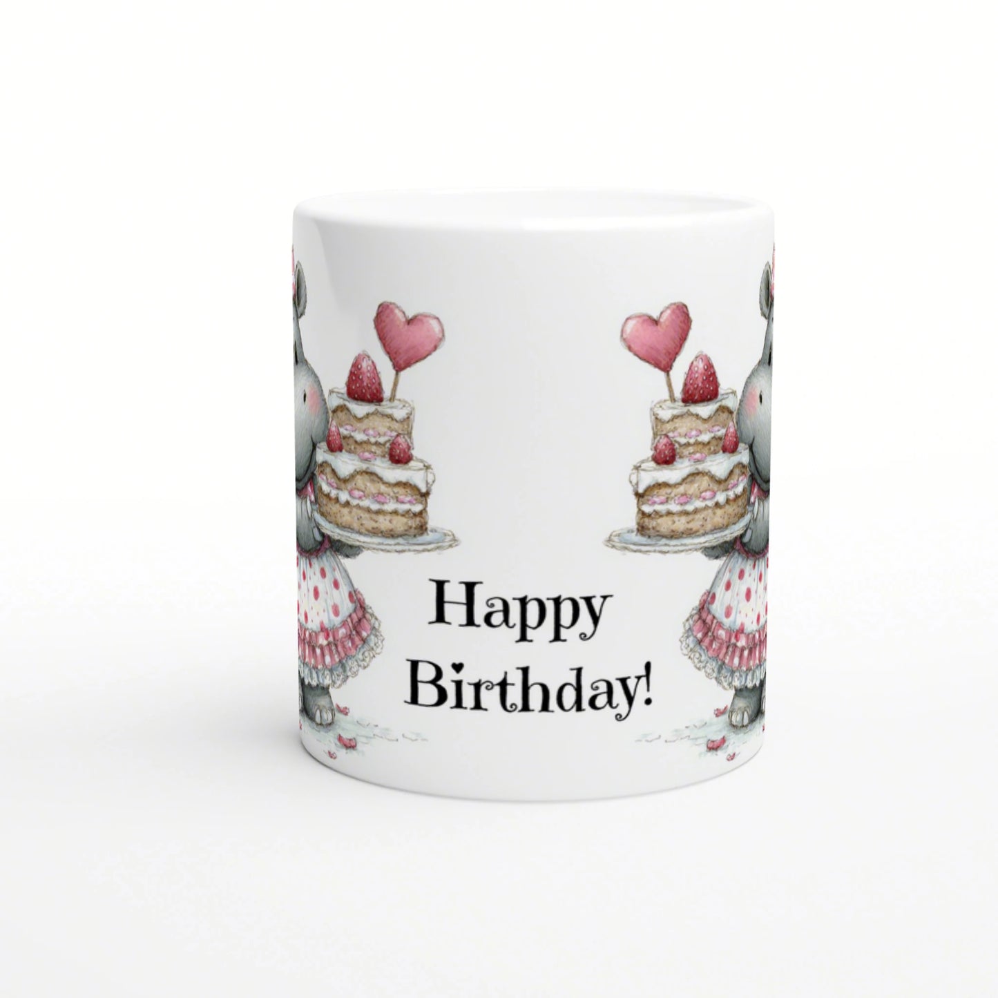 White mug featuring a birthday-themed illustration: two rabbits with cake on both sides, pink hearts, and Happy Birthday!