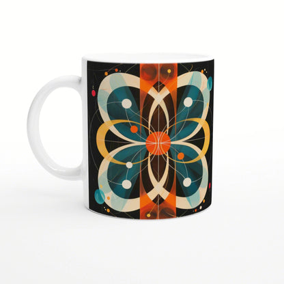 Product photo of a white mug with a black background wrap featuring a vibrant geometric mandala in teal, orange and cream.