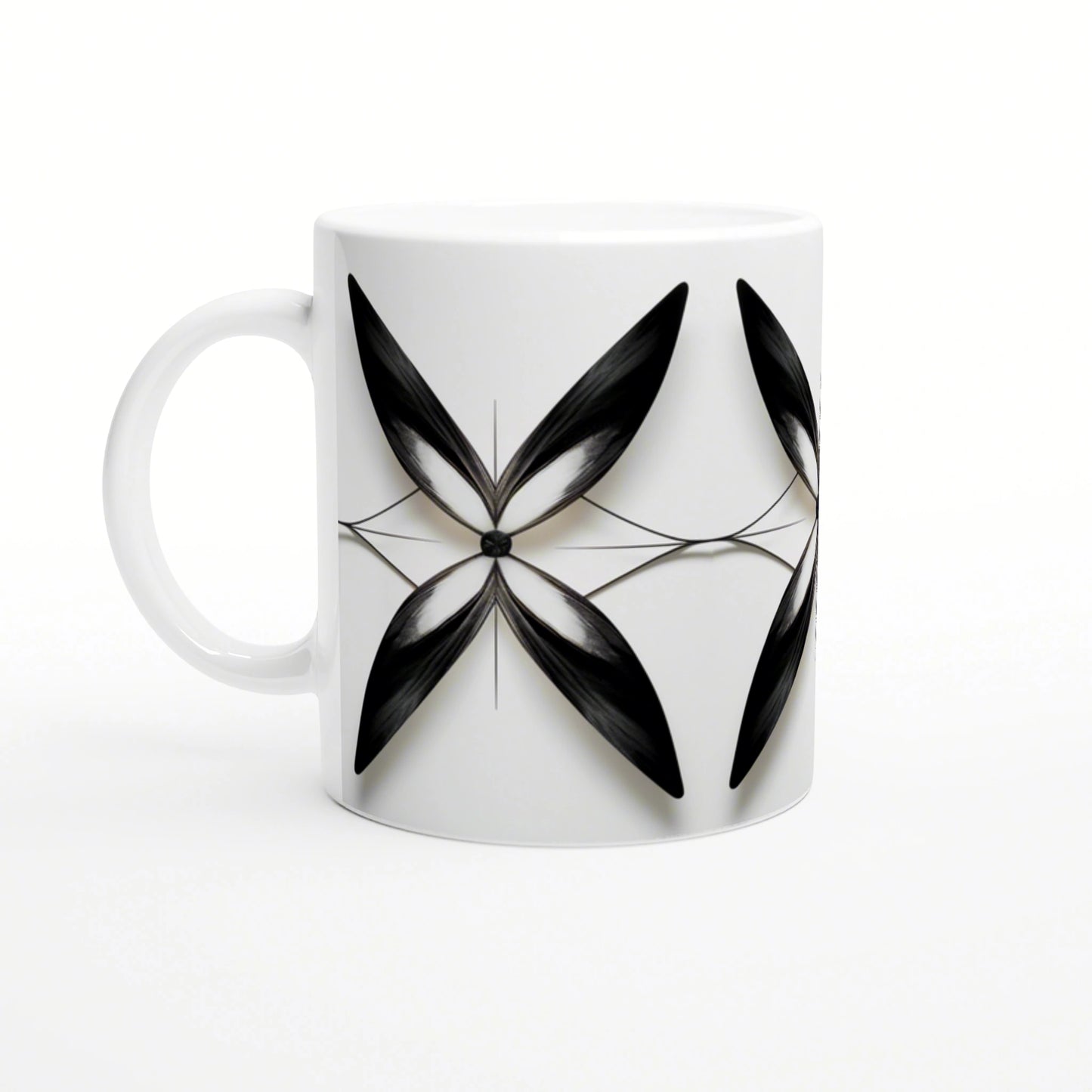 White mug mockup featuring a black geometric four-petal motif with thin connecting lines.