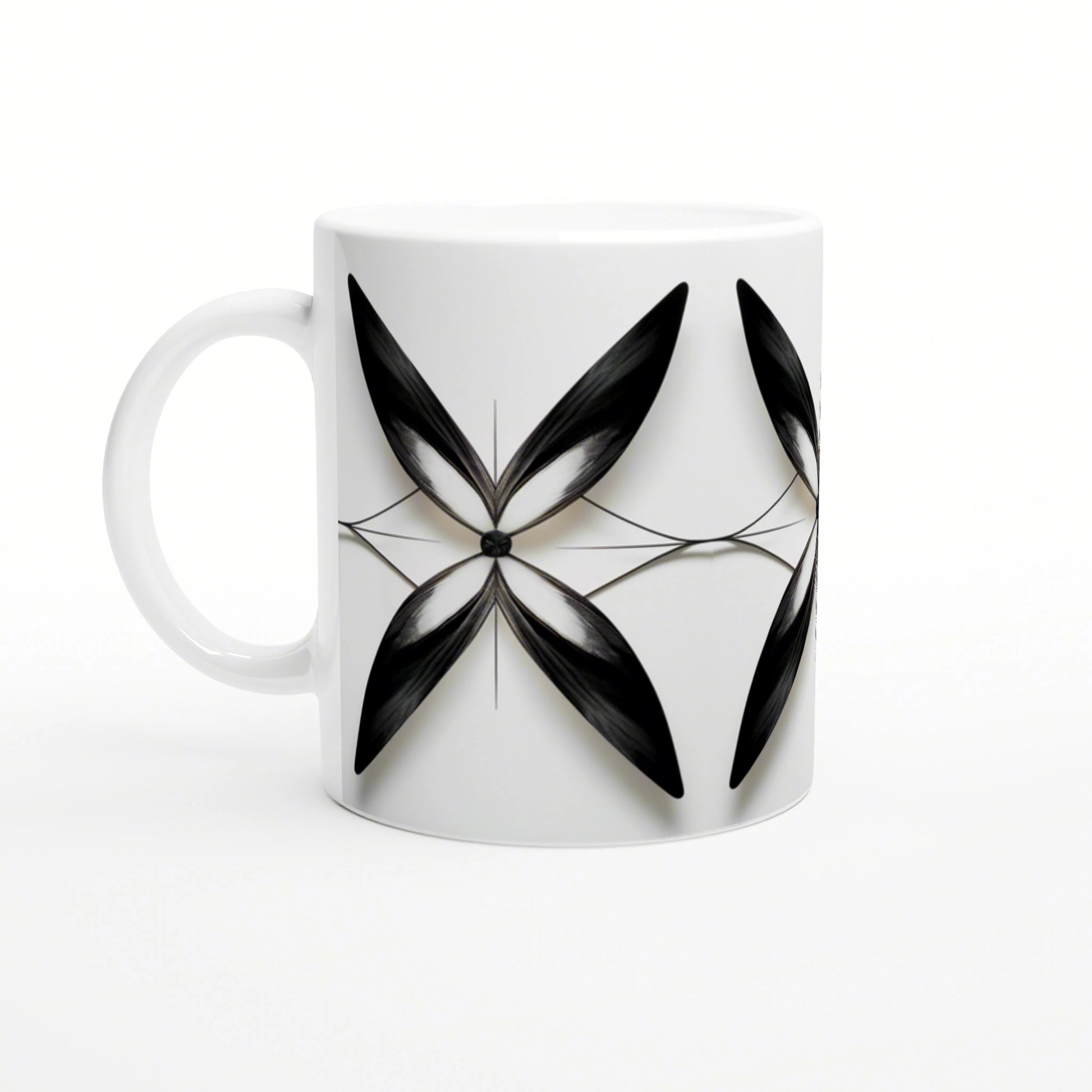 White mug mockup featuring a black geometric four-petal motif with thin connecting lines.