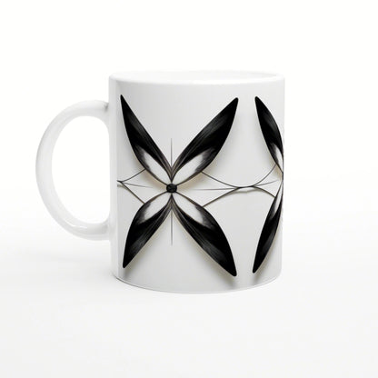 White mug mockup featuring a black geometric four-petal motif with thin connecting lines.