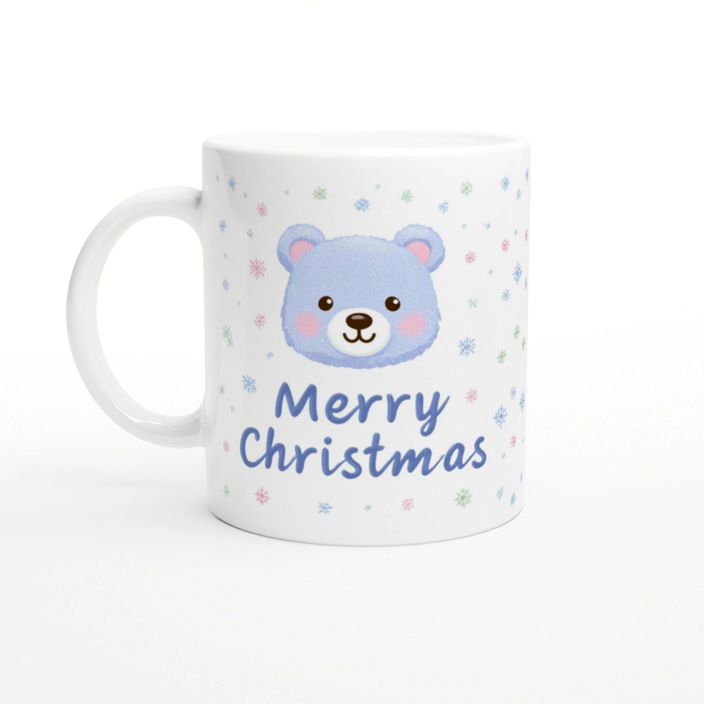 White mug featuring a blue bear face, pastel snowflakes, and the text 'Merry Christmas' in blue script.