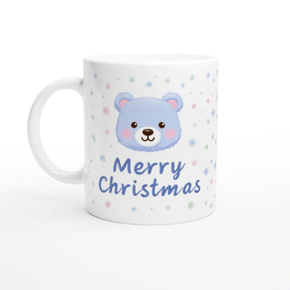 White mug featuring a blue bear face, pastel snowflakes, and the text 'Merry Christmas' in blue script.