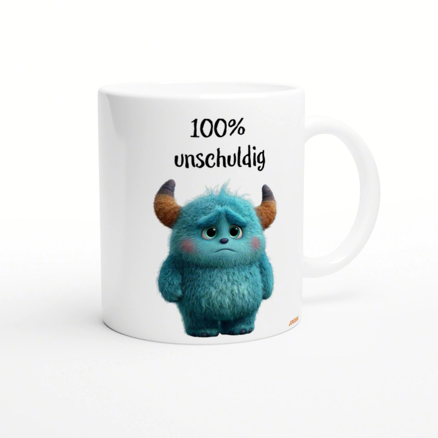 White mug mockup featuring a blue fluffy monster with horns and the text '100% unschuldig' above it.