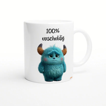 White mug mockup featuring a blue fluffy monster with horns and the text '100% unschuldig' above it.