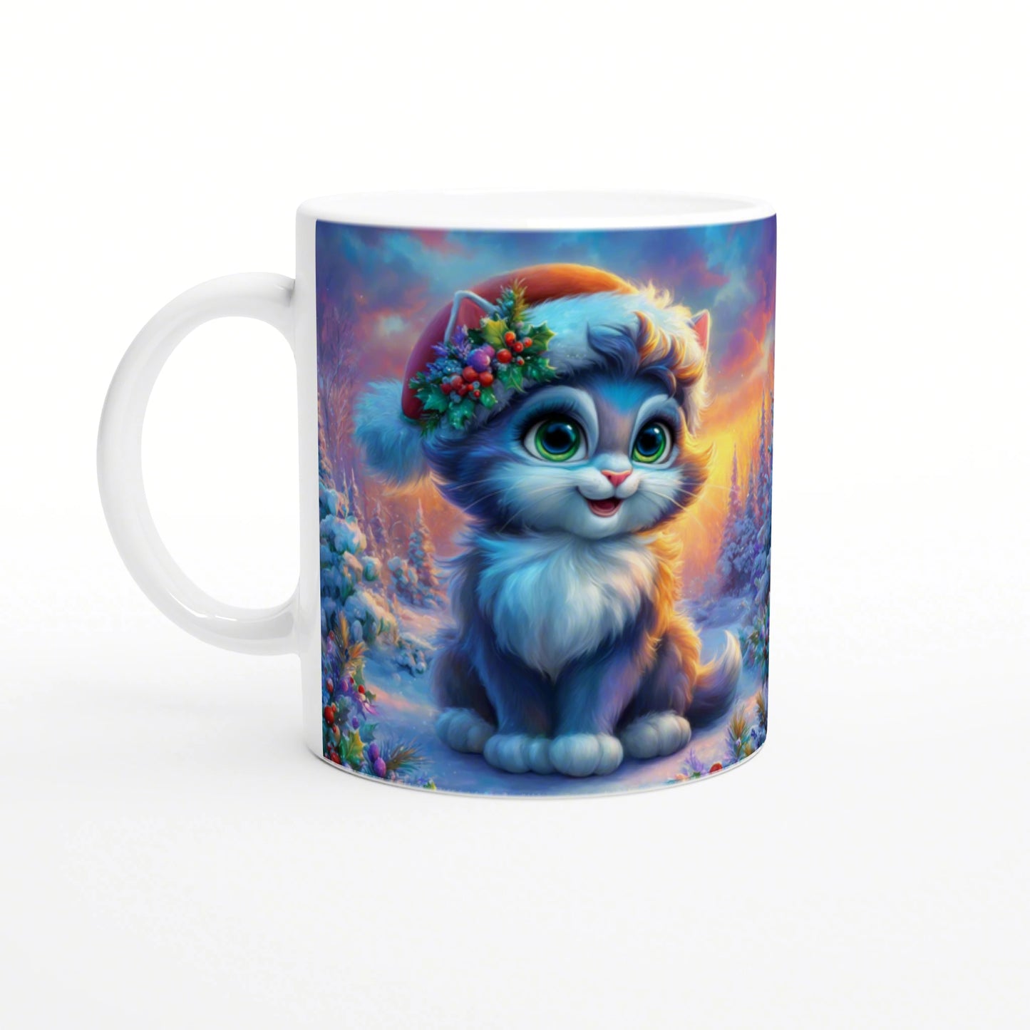 White mug featuring a blue kitten with a flower crown in a snowy winter scene.