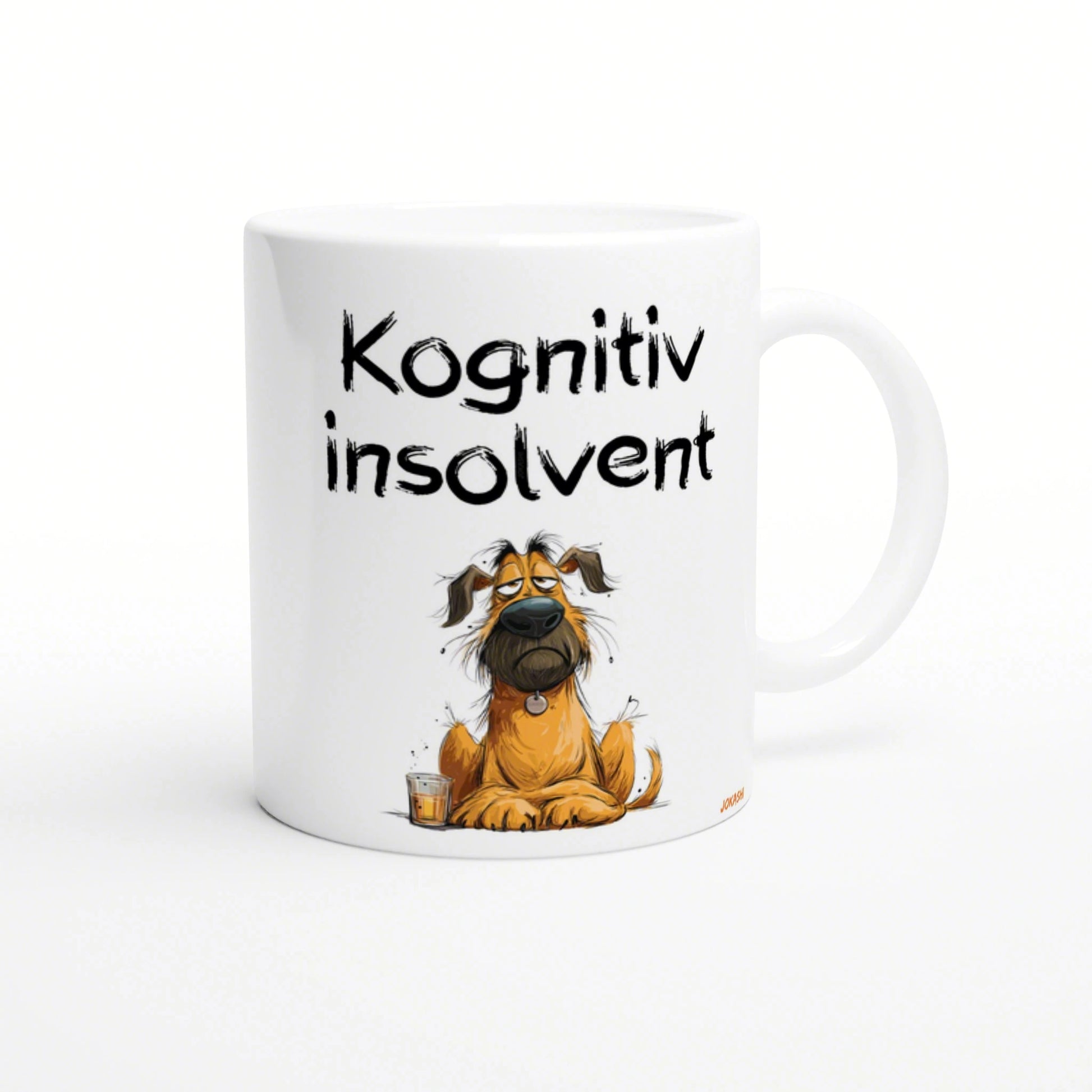 White ceramic mug mockup featuring a cartoon scruffy dog beside a small glass, and the bold handwritten text Kognitiv insolvent.