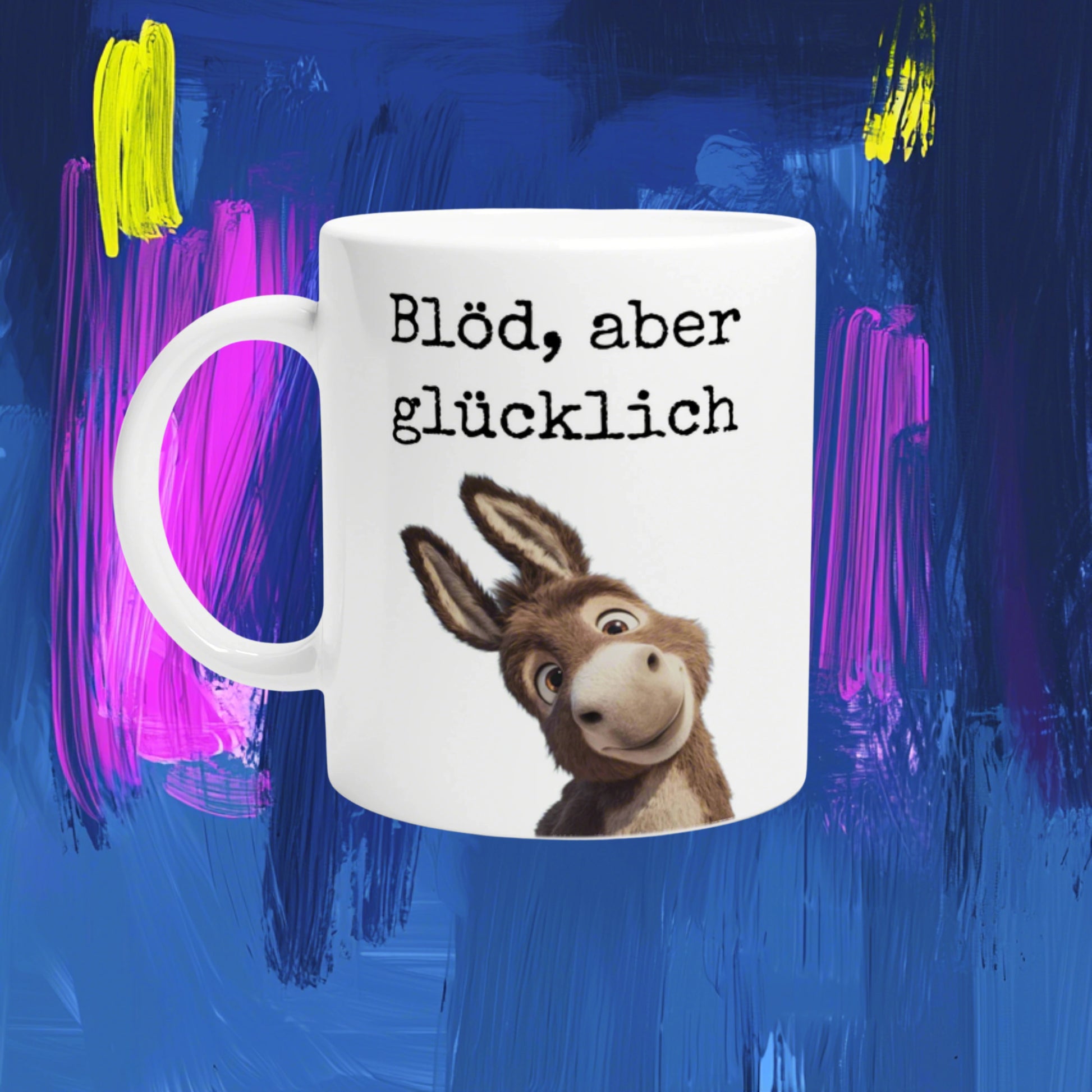 White mug with a cartoon donkey and a German slogan on a colorful abstract background; product mockup for online shop.