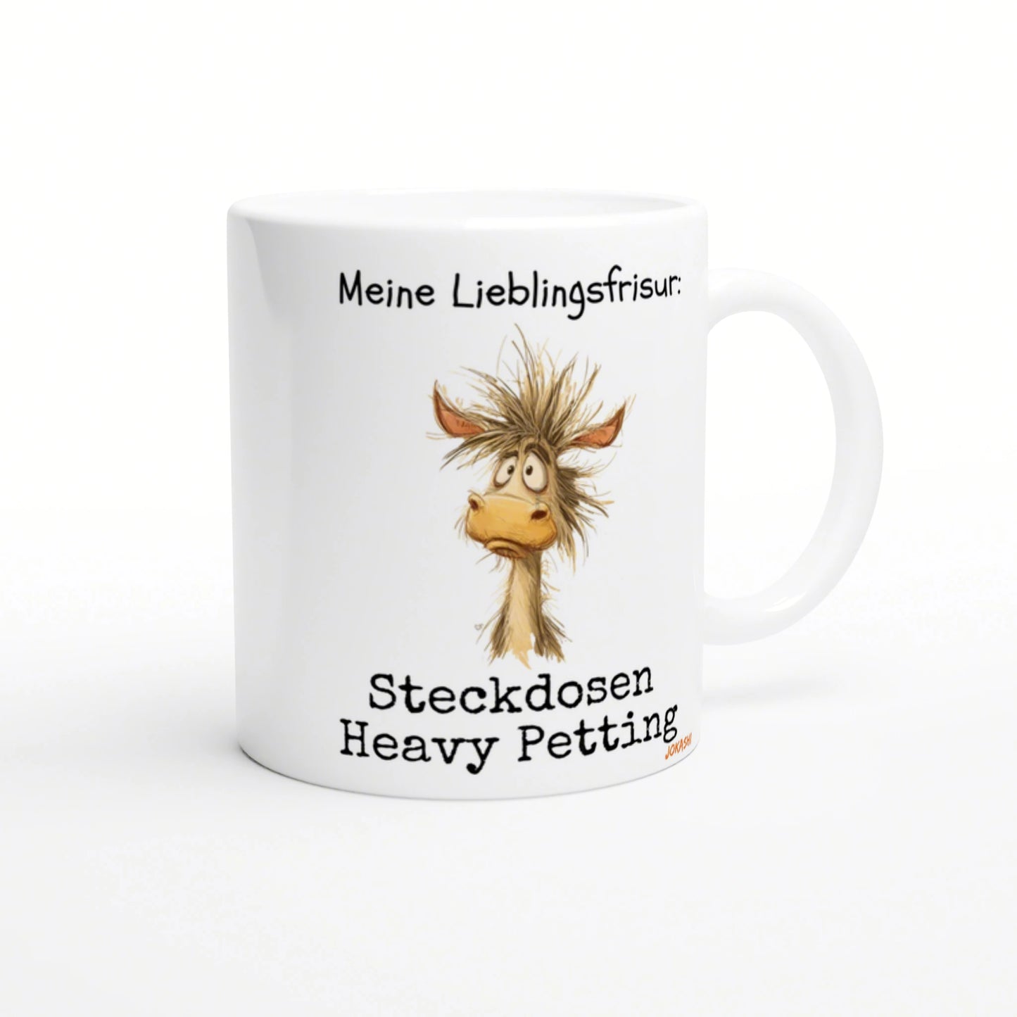 White ceramic mug with a cartoon donkey and the German caption Meine Lieblingsfrisur: Steckdosen Heavy Petting.