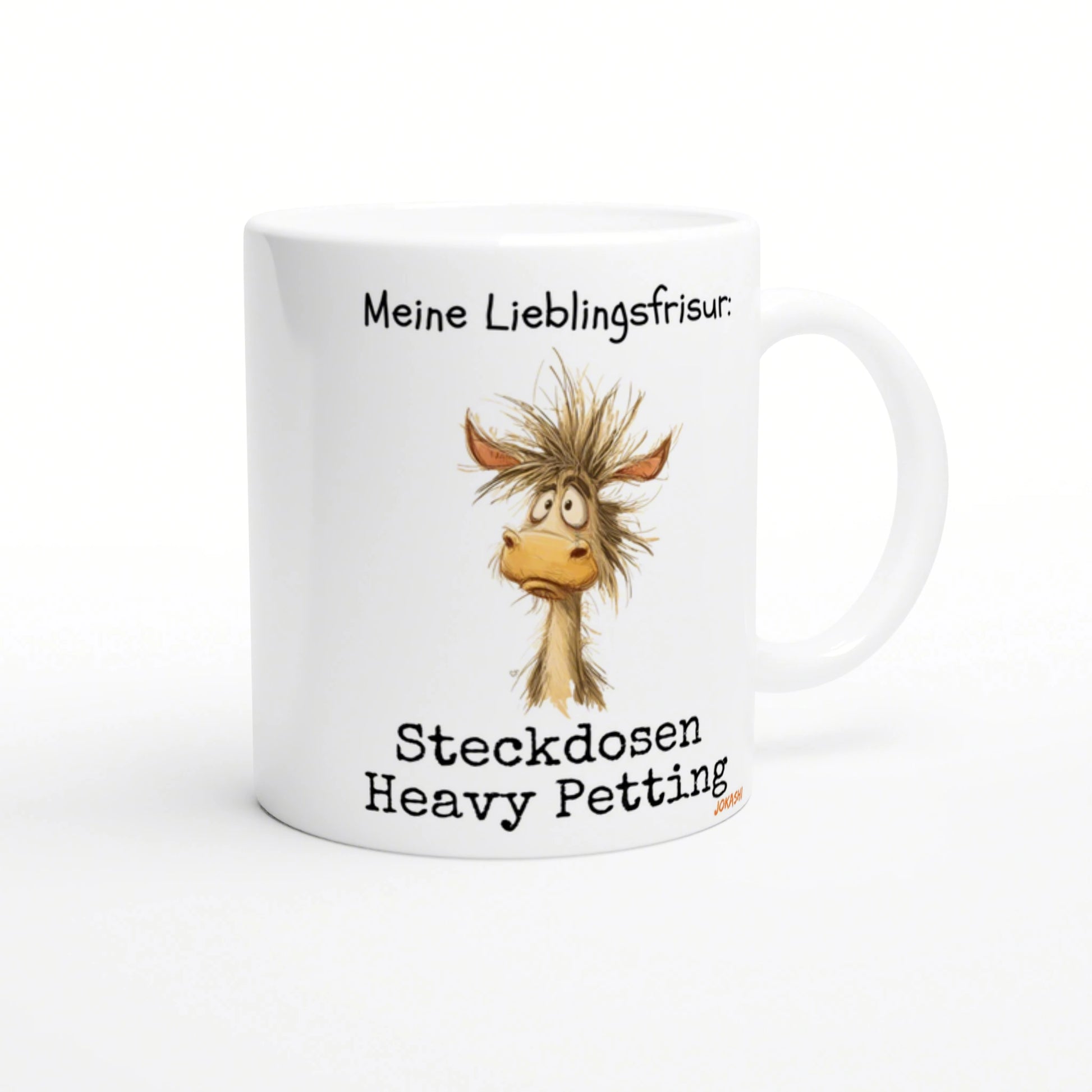 White ceramic mug with a cartoon donkey and the German caption Meine Lieblingsfrisur: Steckdosen Heavy Petting.
