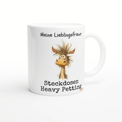 White ceramic mug with a cartoon donkey and the German caption Meine Lieblingsfrisur: Steckdosen Heavy Petting.