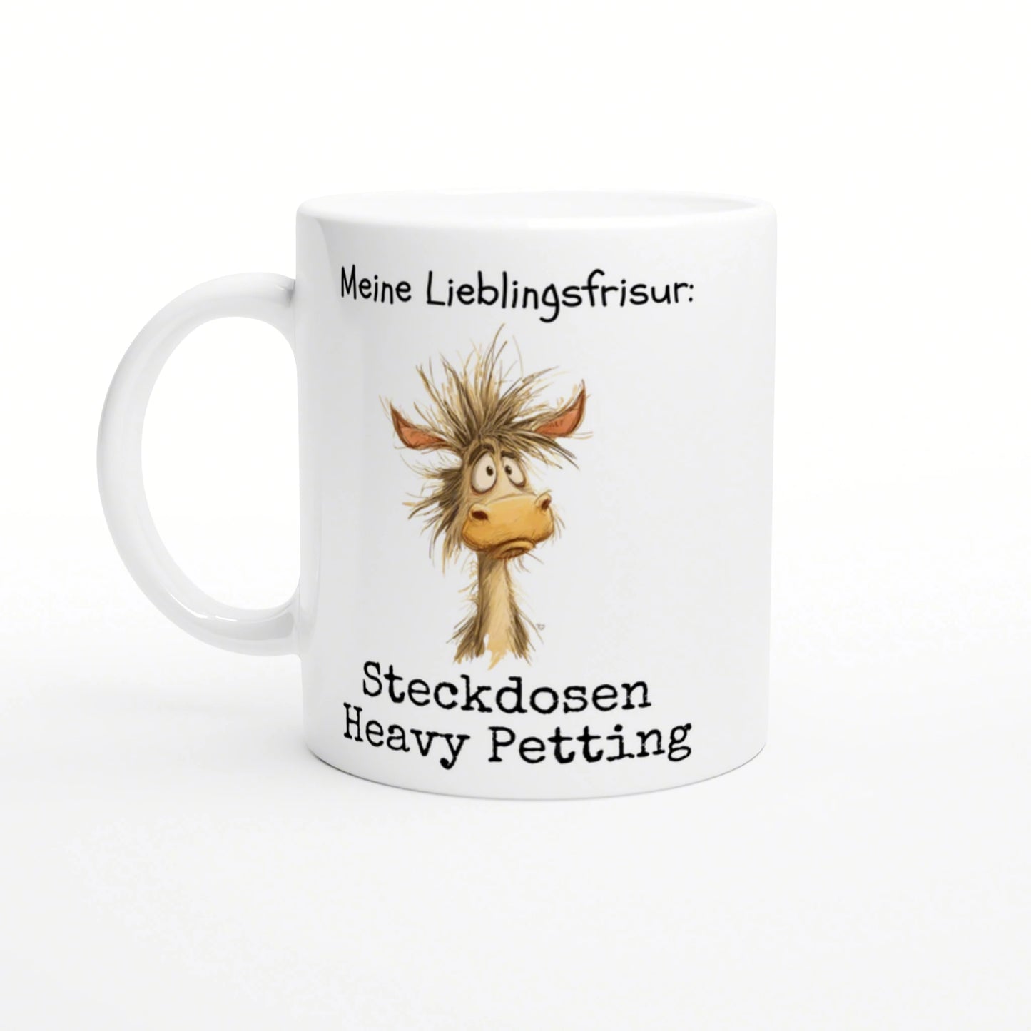 White ceramic mug with a cartoon donkey and wild spiky hair; German caption reads 'Meine Lieblingsfrisur: Steckdosen Heavy Petting'.