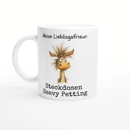 White ceramic mug with a cartoon donkey and wild spiky hair; German caption reads 'Meine Lieblingsfrisur: Steckdosen Heavy Petting'.
