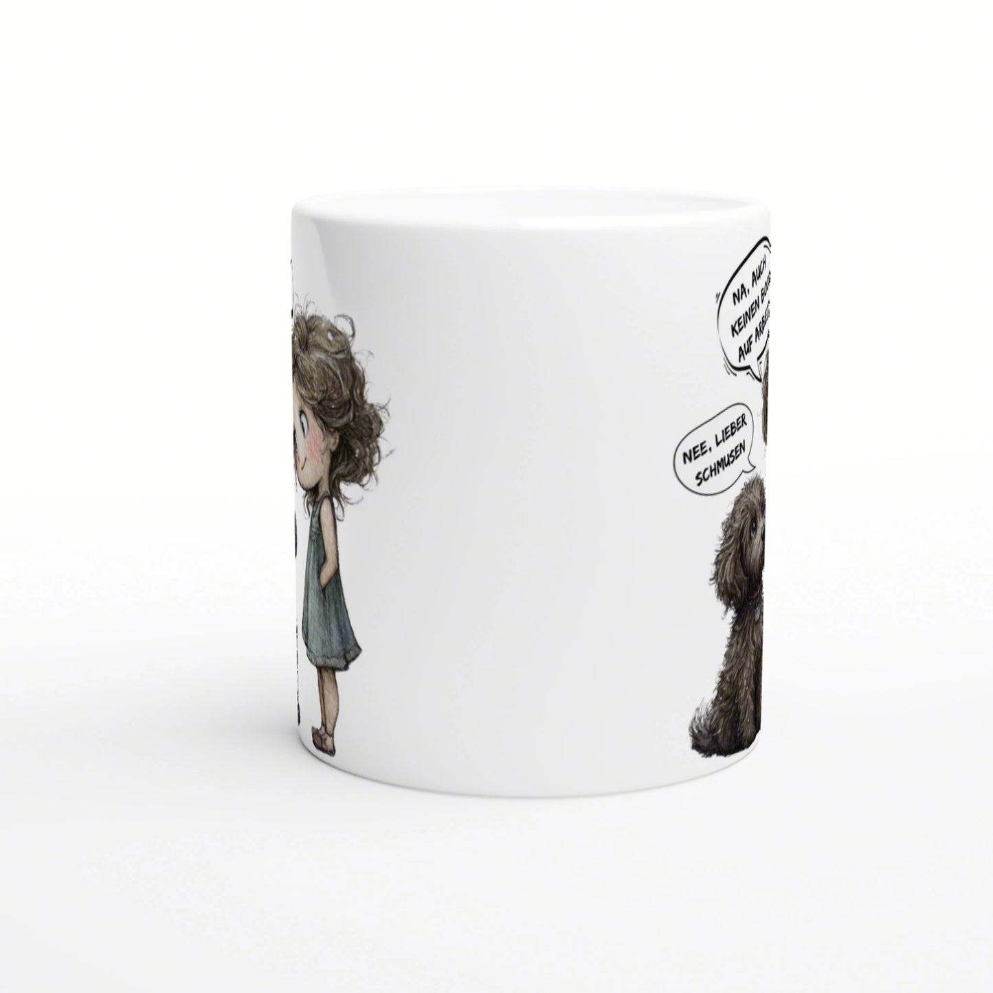 White mug featuring a cartoon girl in a blue dress on the left and a fluffy dog on the right with speech bubbles.