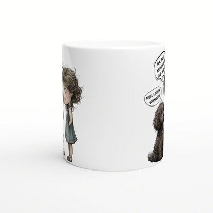 White mug featuring a cartoon girl in a blue dress on the left and a fluffy dog on the right with speech bubbles.