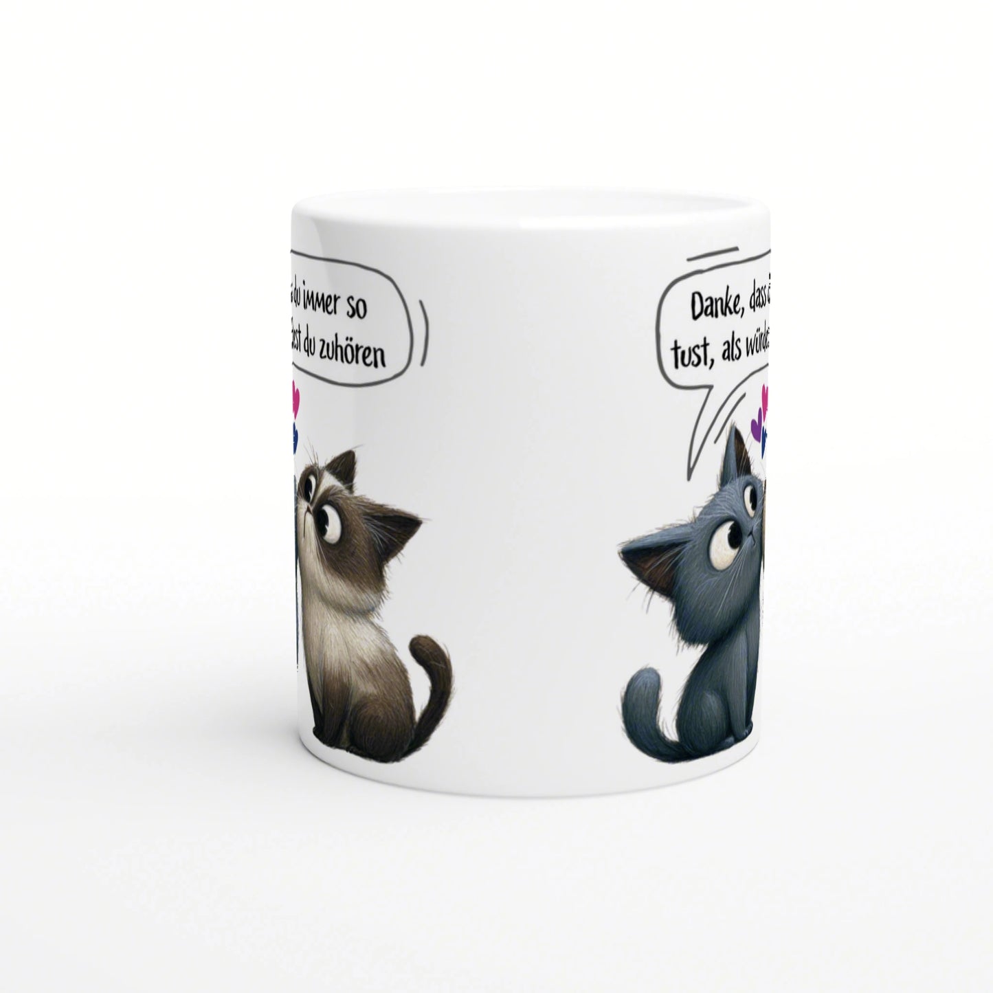 White ceramic mug with two cartoon kittens on the sides, each with a speech bubble of German text; playful product mockup.