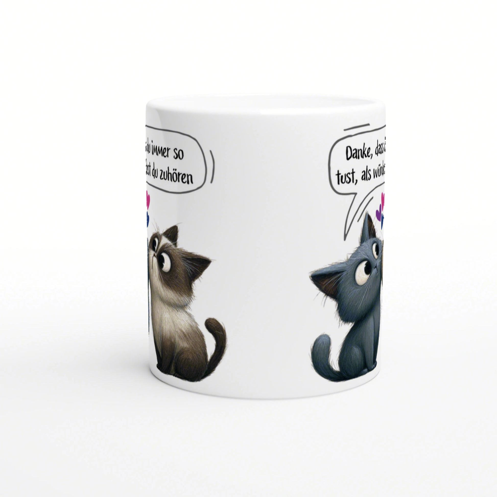 White ceramic mug with two cartoon kittens on the sides, each with a speech bubble of German text; playful product mockup.