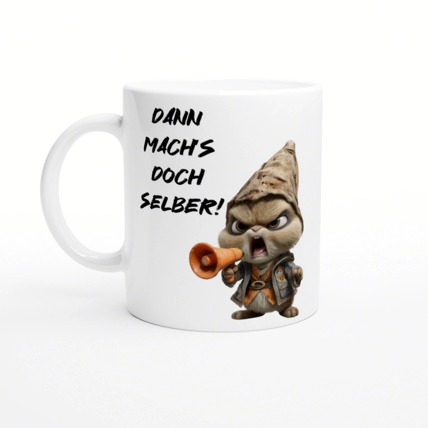 White ceramic mug mockup featuring a cartoon character shouting into a megaphone and the German slogan Dann mach's doch selber!