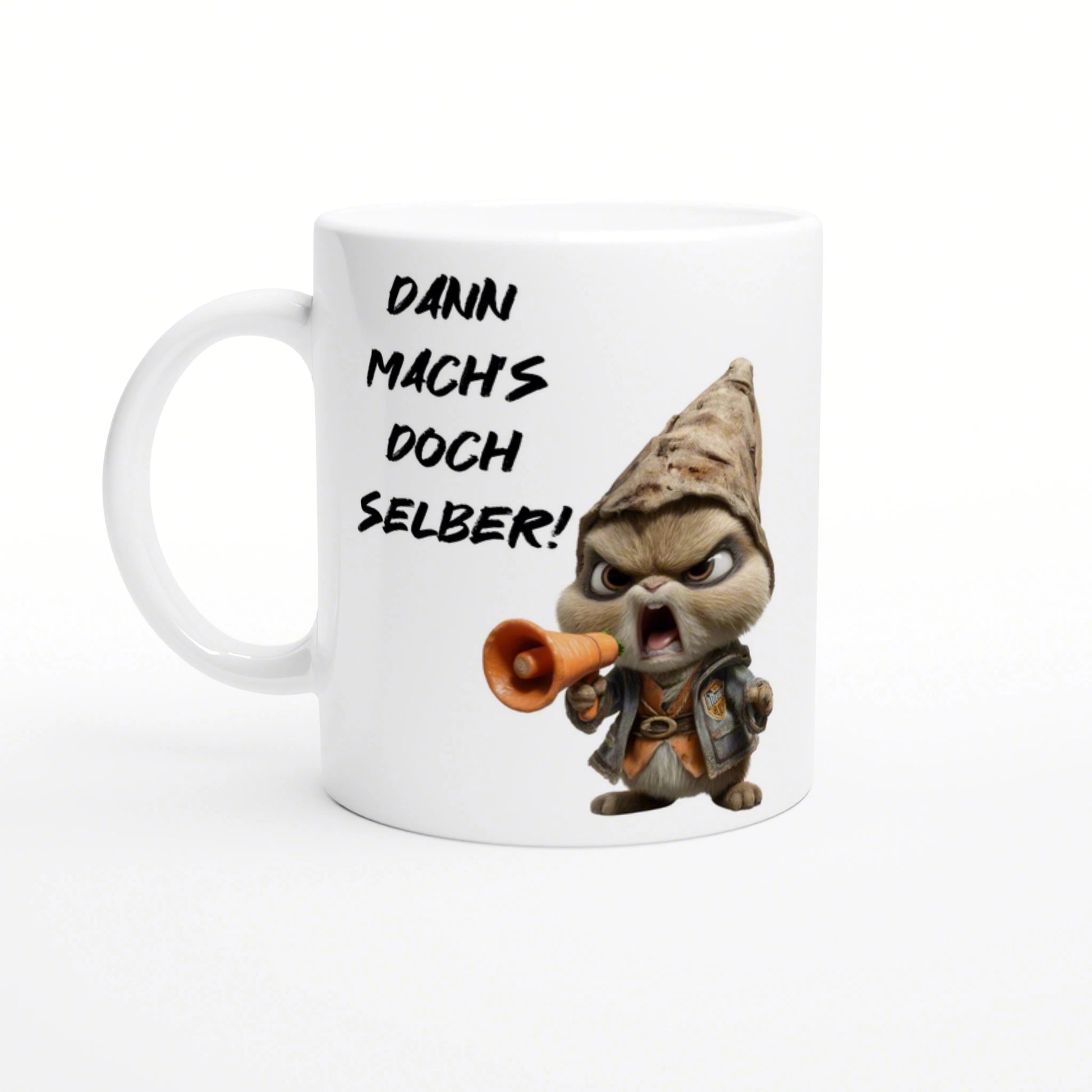 White ceramic mug mockup featuring a cartoon character shouting into a megaphone and the German slogan Dann mach's doch selber!