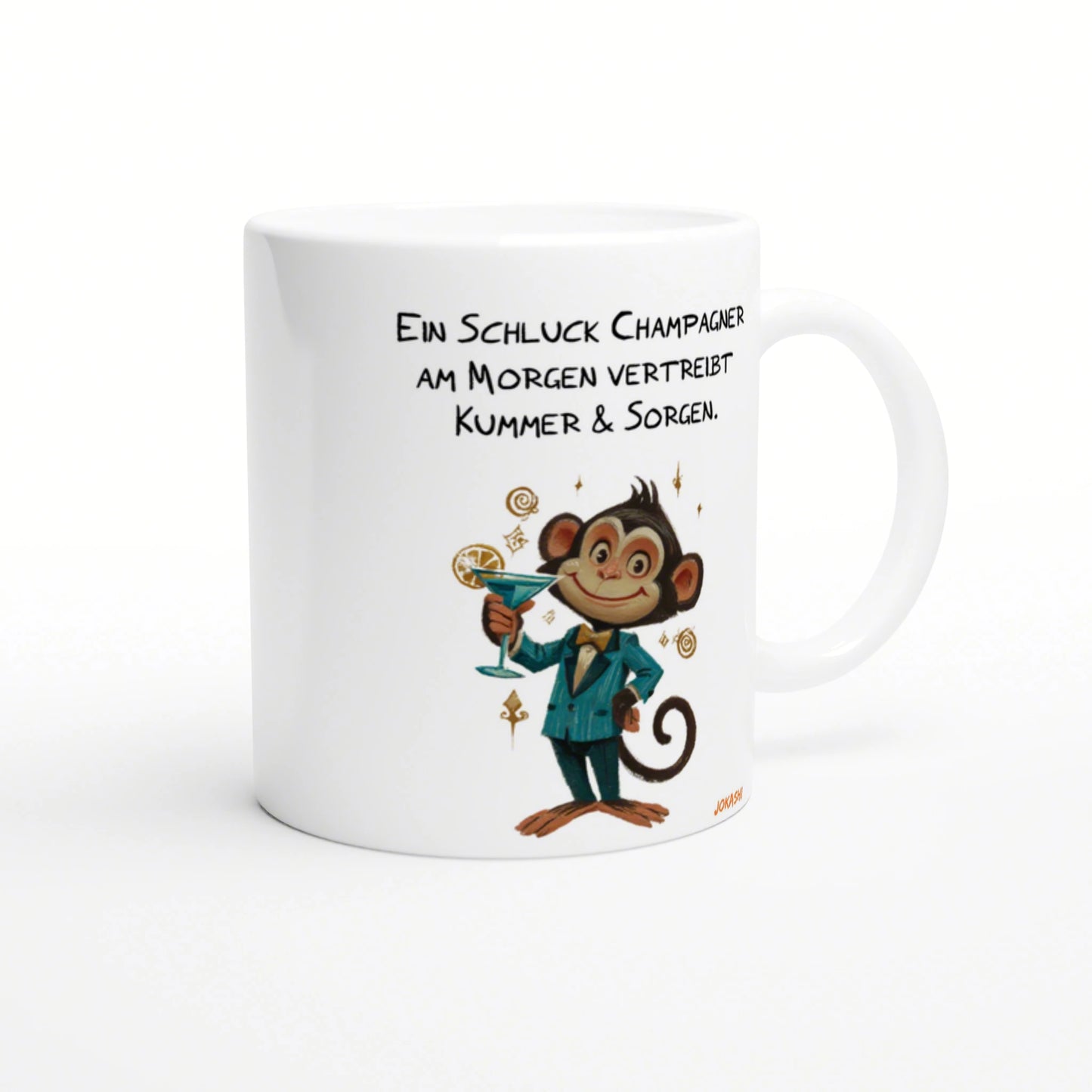 White mug featuring a cartoon monkey in a blue suit holding a cocktail; playful German slogan about champagne and morning.