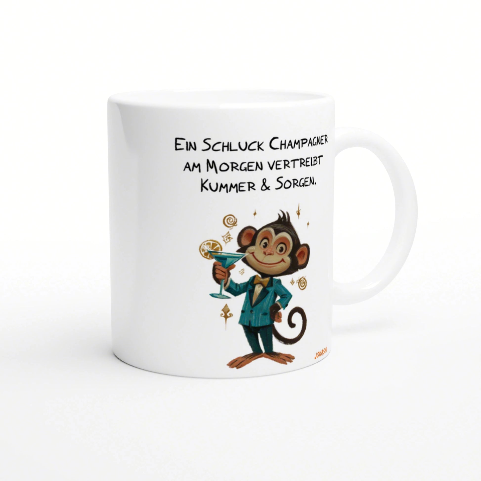 White mug featuring a cartoon monkey in a blue suit holding a cocktail; playful German slogan about champagne and morning.