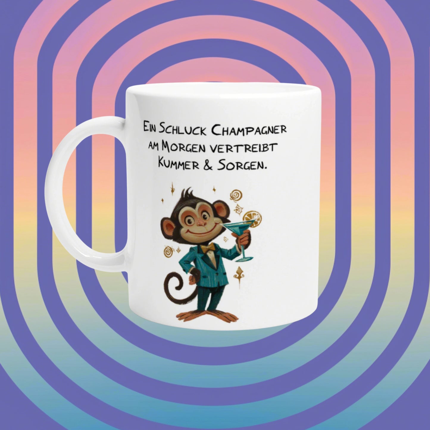 White mug mockup featuring a cartoon monkey in a teal suit toasting with champagne; German slogan about champagne.