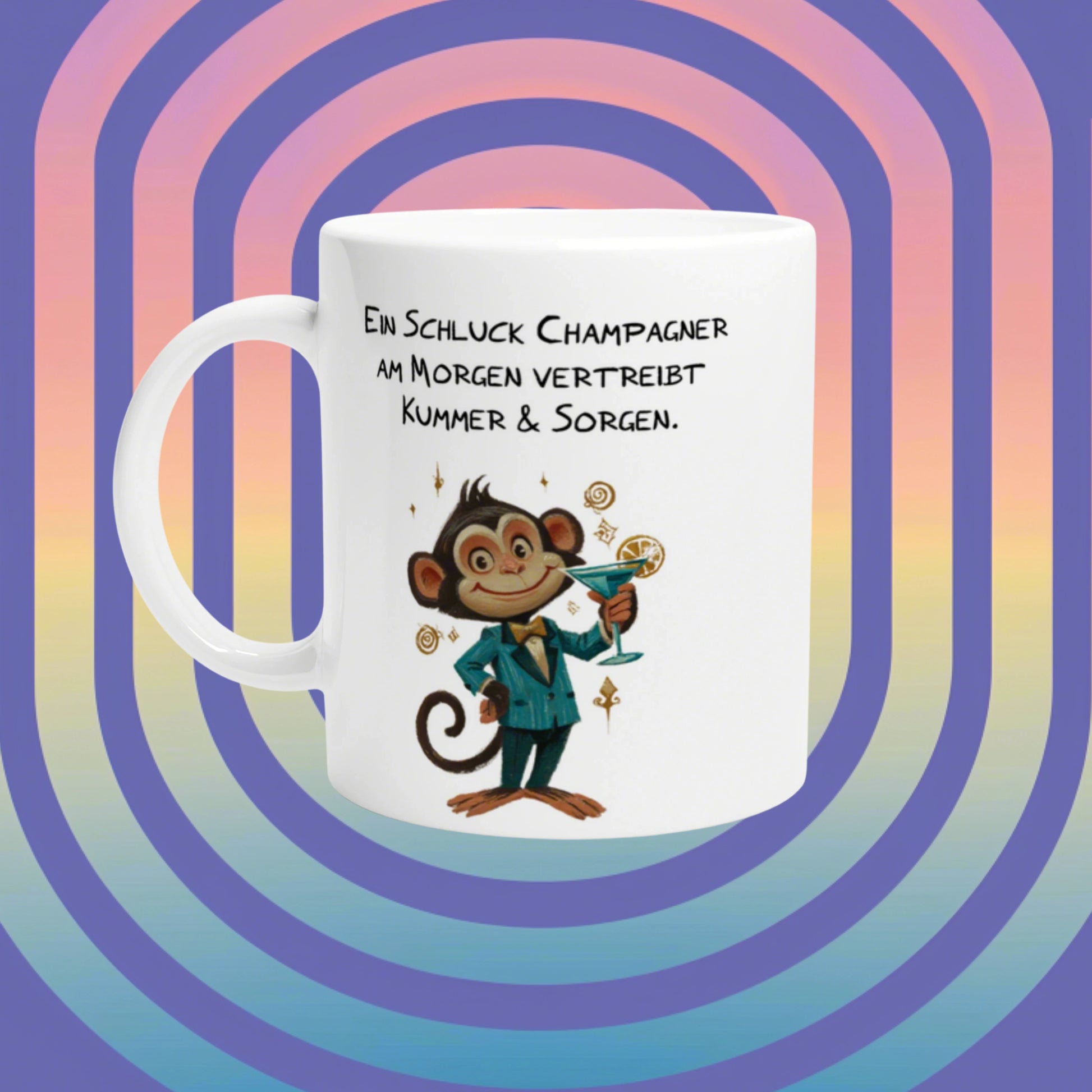White mug mockup featuring a cartoon monkey in a teal suit toasting with champagne; German slogan about champagne.