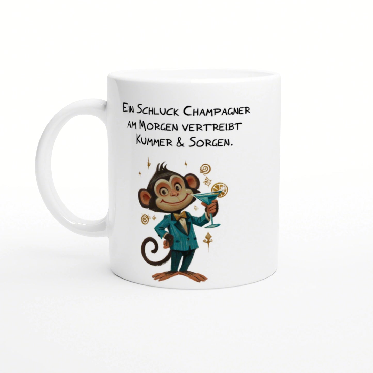 White mug mockup showing a cartoon monkey in a teal suit holding a martini, with a German champagne slogan.