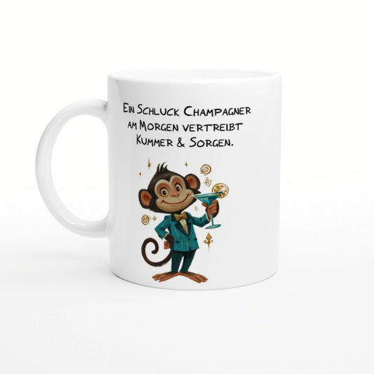 White mug mockup showing a cartoon monkey in a teal suit holding a martini, with a German champagne slogan.