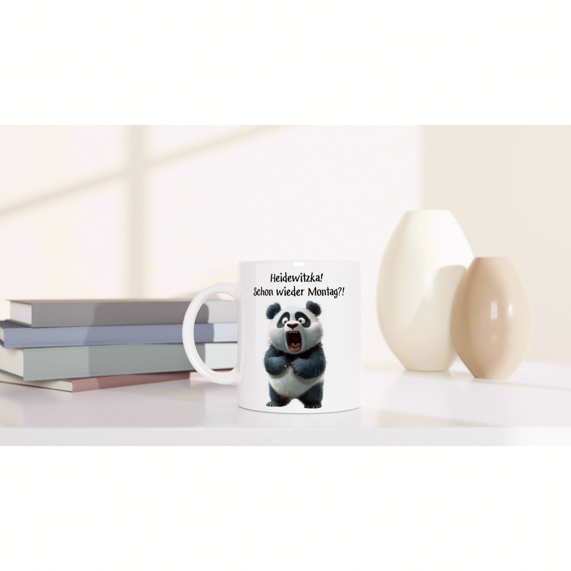 White mug featuring a cartoon panda and German caption Heidewitzka! Schon wieder Montag?! on a shelf beside books and vases.