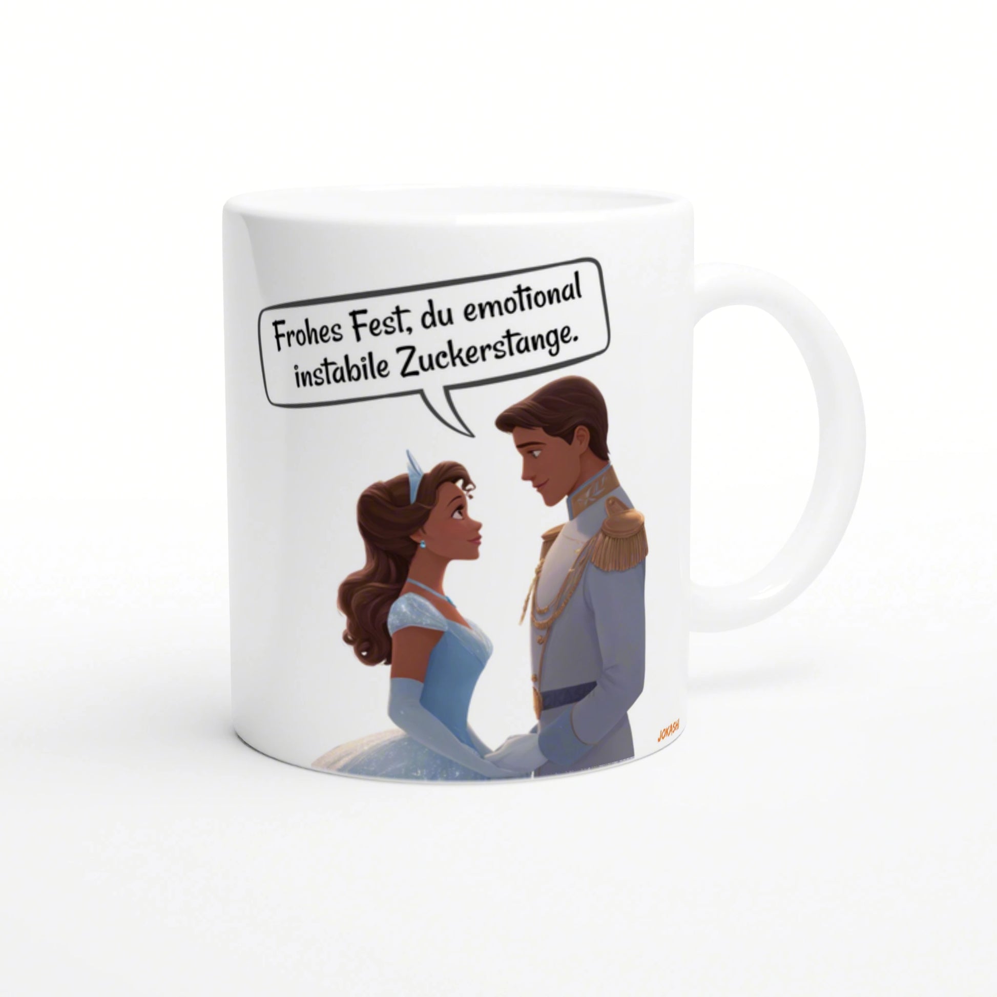 White mug featuring a cartoon prince and princess in royal outfits with a German speech bubble and humorous slogan.