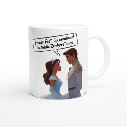 White mug featuring a cartoon prince and princess in royal outfits with a German speech bubble and humorous slogan.
