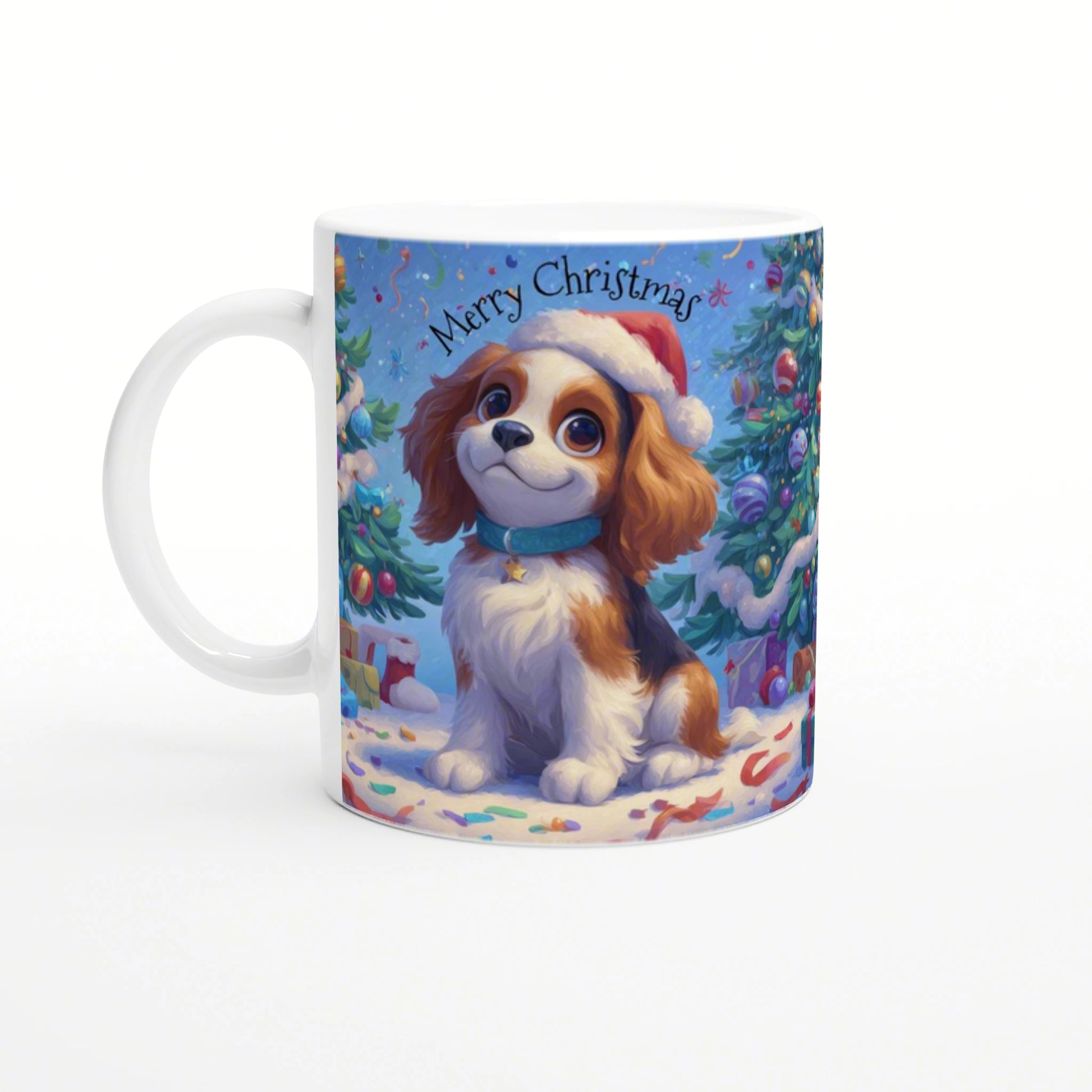 White mug featuring a cute cartoon puppy in a Santa hat among Christmas trees and ornaments, with Merry Christmas text.