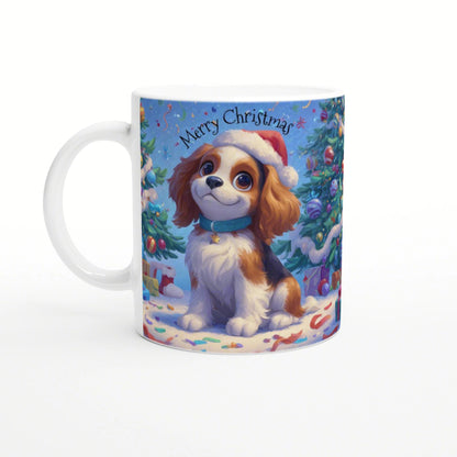 White mug featuring a cute cartoon puppy in a Santa hat among Christmas trees and ornaments, with Merry Christmas text.